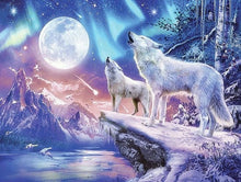 Diamantgemälde – Wölfe und Nordlichter – 30 x 40 cm – Mosaikpaket für Erwachsene