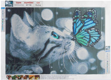 Diamantgemälde – Bengalkatze und Schmetterling – 30 x 40 cm – Komplettpaket – runde Steine ​​– Mosaikpaket für Erwachsene 