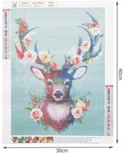 Diamantmalerei – Hirsch mit Blumen – 30 x 40 cm – Komplettpaket – runde Steine ​​– Mosaikpaket für Erwachsene 